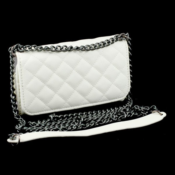 Wholesale Note 4, 3 Universal Quilted Flip Leather Wallet Case w Long Chain (White)